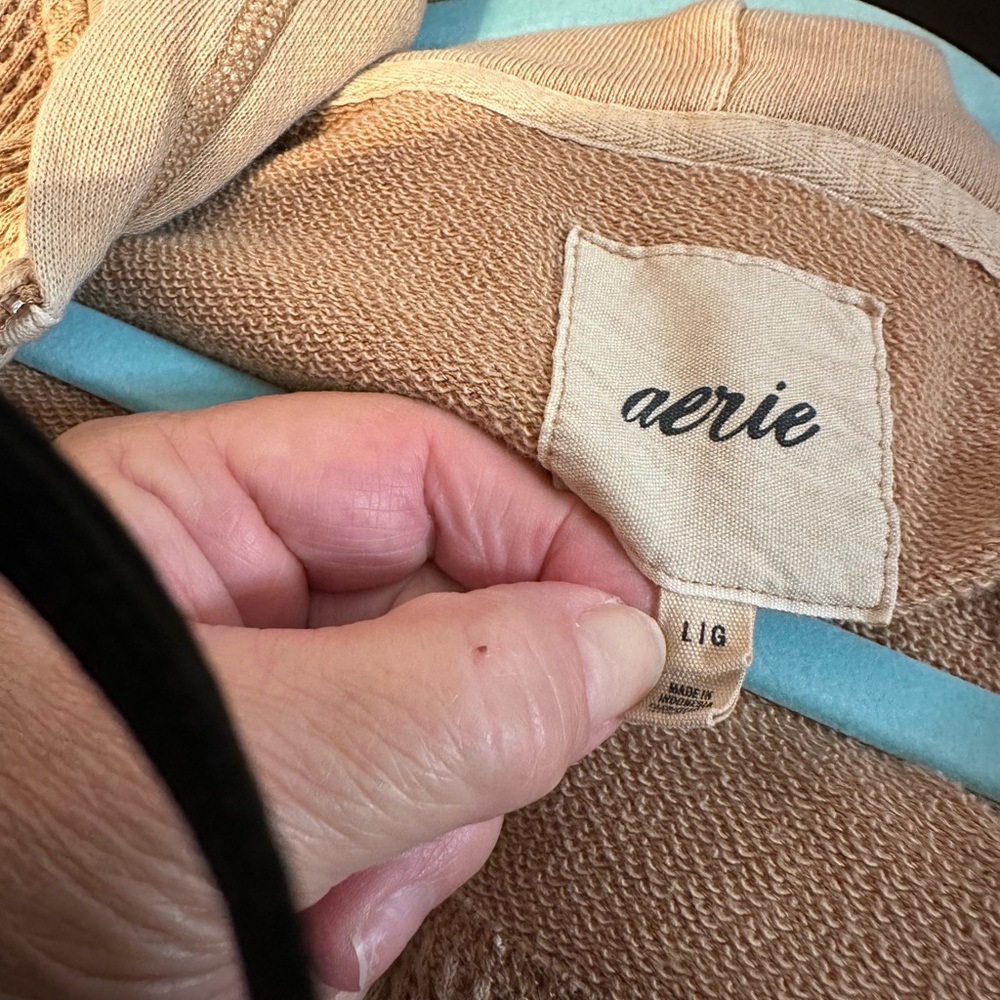 Aerie Light Brown Waffle Knit Hoodie. Taupe color with outside stitching. - Picture 6 of 6